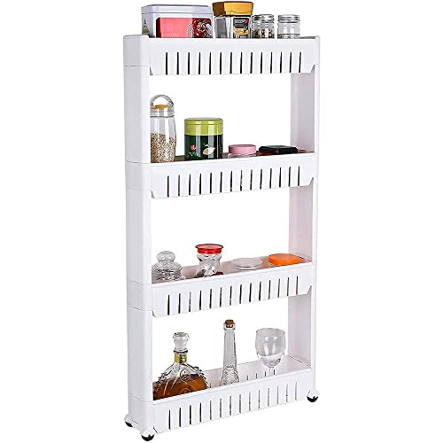 Image of 4 Layer Storage Organizer Slim Rack Shelf with Wheels for Easy Movement with Slide | Unbreakable Plastic, white (4 Layer Slim Rack)