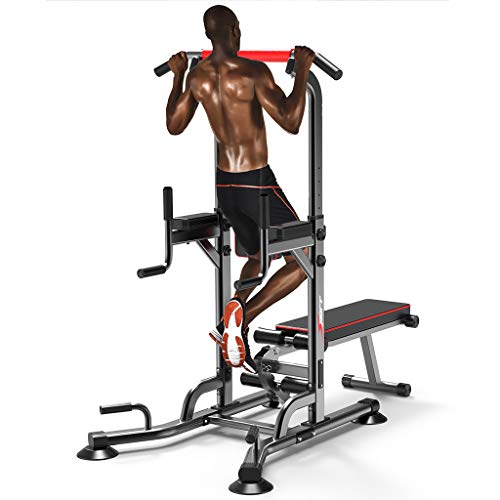 Rusilay Multifunction Power Tower Dip Station Pull Up Bar Dip Station with Dumbbell Bench,6 Level Height Adjustment,Home Gym Strength Training Fitness Equipment