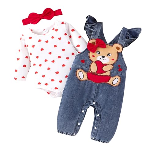 Image of TOKIAGO Baby Girl Clothes Outfits Fall Winter Cute Love Romper Bear Cartoon Overalls Jeans Pants Headband Set 0-18 Months