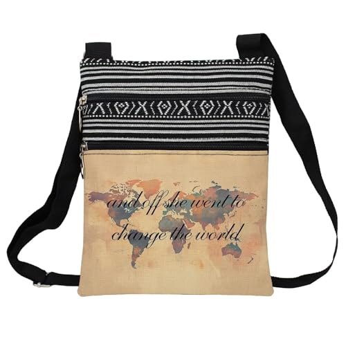 Around The World Messenger Bag Small Ethnic Pattern Printed Adjustable Strap Crossbody Zipper Bag World Map Phone Bag Wallet Cute Shoulder Handbag for Travel Enthusiast Women
