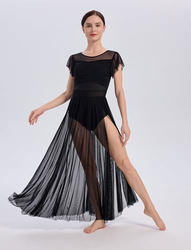 IBAKOM Women Lyrical Dance Dress Ruffle Sleeve Sheer Mesh Waist Flowy Chiffon Skirt Contemporary Dance Costume Adult Elegant Jazz Ballet Salsa Ballroom Christmas Lyrical Outfits Black Medium