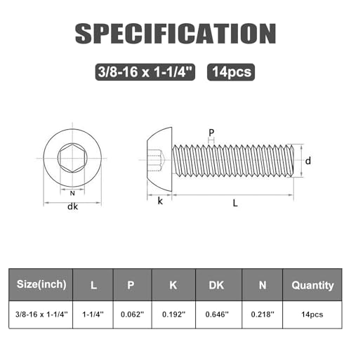 Image of VGBUY 14Pcs 3 /8-16 x 1-1 /4 inch Button Head Socket Cap Bolts Screws, 304 Stainless Steel 18-8, Black Zinc Plated, Fully Threaded, with Spanner Allen Hex Drive