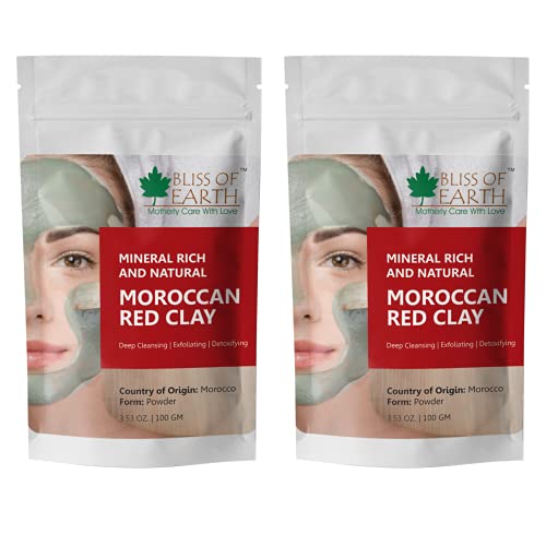 Bliss of Earth Original Moroccan Red Clay Powder | 2x100GM | Natural Facial Mask & Skin Care Treatment | Anti-Ageing | Heals Dry & Oily Skin | Detoxifying & Rejuvenating |