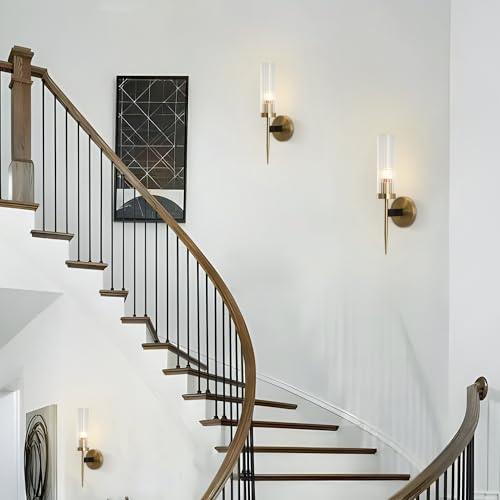 Image of BOKT Mid-Century Modern Gold Wall Light Cylinder Glass Wall Sconce Anti Brushed Brass Long Wall Sconce Light Vintage Bathroom Globe Wall Mount Light Bar Wall Lamp