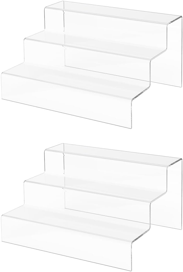 Marketing Holders 2 Pack Clear Acrylic Multi Level Riser Portable Retail 3 Tiered Fixture 9 Inch Wide by 7.75 Inch Deep Small Goods or Samples Multi Shelf Showcase