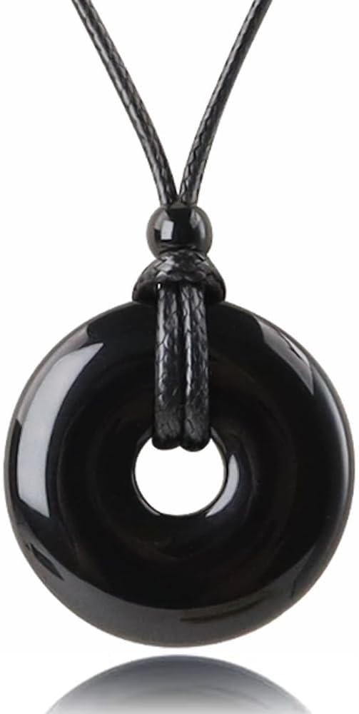 Natural Gemstone Pendant Necklce Lucky Coin Crystal Necklace Donut Pendnat with Adjustable Rope Reiki Healing Crystal for Men Women