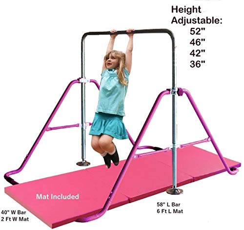 Athletic Bar Monkey Bar Horizontal Bars Children Junior Training Play Height Adjustable Folding Balance Bar Pink with 6\' x 2\' Gymnastic Mat - Thumbnail 2