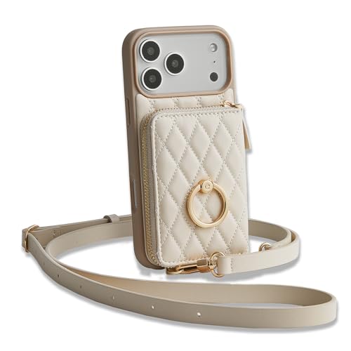 Étui portefeuille iPhone 17 Pro Max ZVE beige avec porte-cartes et anneau 360
