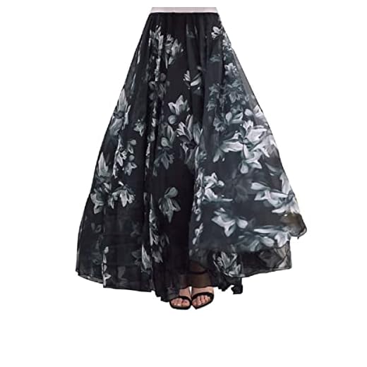 DEBAIJIA Falda Larga Mujer Maxi Bohemia Playa Vacaciones Gasa con Estampado Floral Talla Grande Cintura Elástica Negro - XL