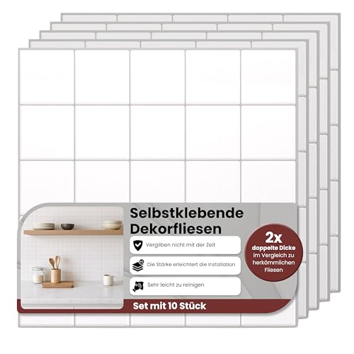AMARA DECO – 10 Stück Wandpaneele Selbstklebend 30x30cm. Küchenrückwand Selbstklebend & 3D Wandpaneele, Spritzschutz Küche und Bad, Wasserfest, Hitzebeständig (10, Weiß)