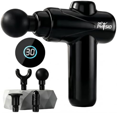 Dr Physio USA Touch Dynamo Rechargeable Percussion Massage Gun | 3000mAh Battery | 30 Speed Levels | 4 Removable Heads Electric Full Body Gun Massager, Pain Relief Cordless Deep Tissue Massage Machine