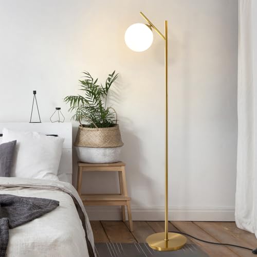 Image of Mid Century Floor Lamp for Living Room Modern Tall Standing Lamp with Frosted Glass Globe Shades Contemporary Brass Freestanding Lamp for Office Bedroom (Gold)
