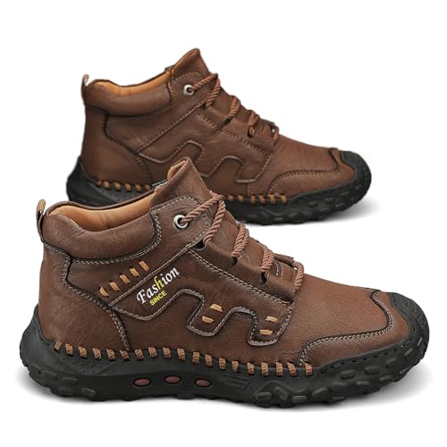 Men's Leather Platform Lace-Up Fashion Retro Hiking Boots Comfort Round Toe Handsewn Lightweight Non Slip Chukka Boots With Fur Lining For All Seasons