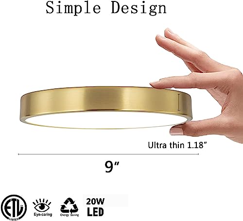 Sottae 9 Inch Brushed Gold Flush Mount Led Ceiling Light,3000K-5000K 20W,Thin Round Ceiling Lamp,Modern Low Profile Surface Mount Ceiling Light Fixtures For Bedroom Kitchen Hallway Bathroom #TOP1