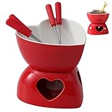 Bemonew Herzförmiger Keramik-Schokoladenfonduebecher mit 4 Gabeln 350 ml/12 oz für Käse Butter...