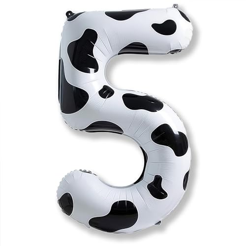 Image of Cow Print Number Balloons 5 for Kids, 40 Inch Foil Large Number 5 Self Inflating Balloon for Boys Girls 5th Birthday Decorations Farm Animal Theme Cowboy Cowgirl Theme Party Decoration Supplies