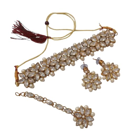 Fashion Women White Pearl White Stone Flower Design Choker Set, Maang Tikka With A Pair Of Earrings For Mehndi, Haldi, Wedding, Godbharai, Bridal-White Colour For Women (B0C9PX2B3N) Amazon Price History, Amazon Price Tracker