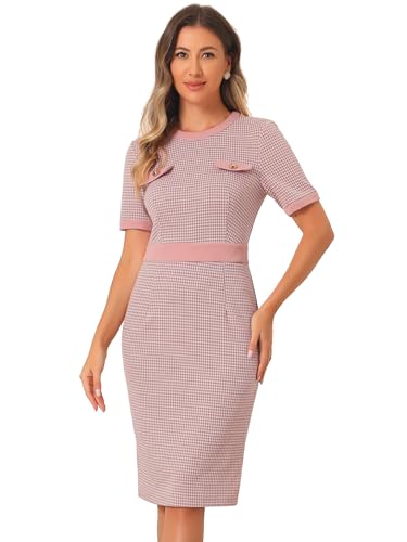 Image of Allegra K Houndstooth Business Dresses for Women's Bodycon Midi Plaid Dress Pink XS