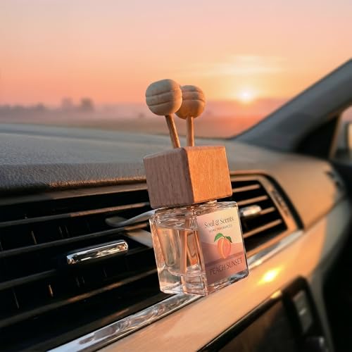 Image of Soul & Scents 16ml Luxury Car Perfumes Sweet Peach | Peach Sunset | 2-in-1 Hanging Pod & AC Vent Air Freshener | Premium Wooden Car Fragrance Accessory | Long Lasting Odour Eliminator | Pack of 2