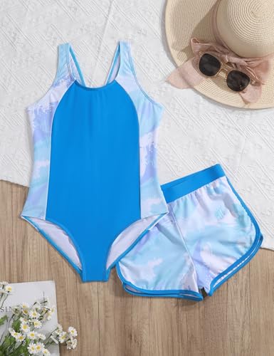 Girls One Piece Swimsuits 2 Piece Girl Bathing Suit with Tropical Print Cover Up Shorts Teen Kids Swimwear 5-13Y4
