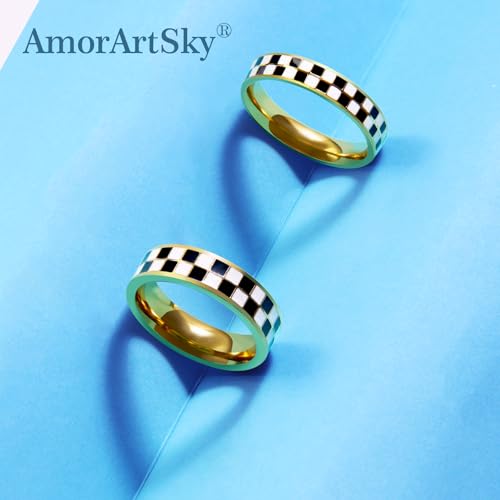 AmorArtSky Couple Chessboard Wedding Bands Set - 18K Gold Plated Stainless Steel Stackable Rings for Him & Her | Geometric Design, 6mm & 4.5mm Widths, Hypoallergenic, Mirror Polish | Sizes 6-102