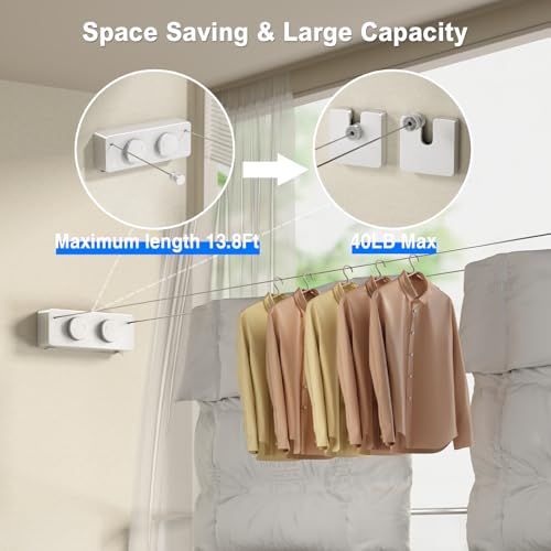 Image of MUSTORN Retractable Twin Clothesline Indoor, Non-Sagging Outdoor Clothes Line Retracting Heavy Duty Clothes Drying Laundry Line Wall Mounted Stainless Steel Line-13.8Feets(Double Line-White)