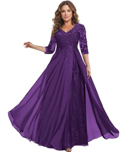 Image of HANVAIOS Sparkly Mother of The Bride Dresses for Women Long Chiffon 3 /4 Sleeve Lace Appliques Formal Gown
