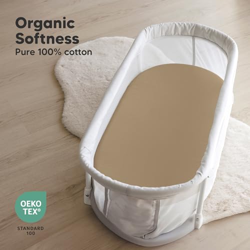 Image of 2-Pack Organic Bassinet Sheets for Girls, Boys - 100% Cotton Bassinet Mattress Sheets Compatible with Halo Bassinest Swivel Sleeper, Graco, Baby Delight, Chicco, Unisex Fitted Bassinet Sheets (Pecan)