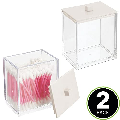 mDesign Plastic Rectangle Apothecary Canister - Organizer for Bathroom Vanity Countertop Shelf Decor - Holds Cotton Swabs, Soap, Makeup, Bath Salts - Lumiere Collection - 2 Pack - Clear/Cream by mDesign - Used condition - Image 2