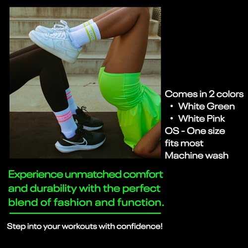 Premium White Striped Crew Socks for Women With Neon Stripes, Athletic Gym & Running Socks4