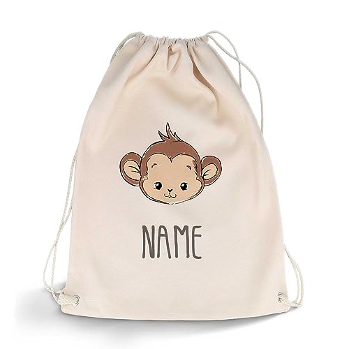 GRAVURZEILE Bedruckter Turnbeutel - Tier mit Wunschnamen - personalisiert mit Namen - Sportbeutel Rucksack Daypack Gymbag mit Kordelzug - für Sport & Freizeit - 12l 33x45 cm - Farbe: Affe