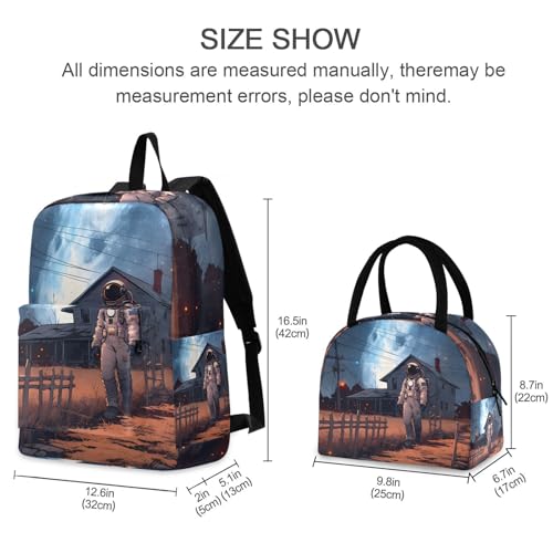 Astronaut at Farm Print Backpack Set with Lunch Bag, Large Capacity Travel Backpacks and Lunch Box Insulated for Commute Hiking Picnic2