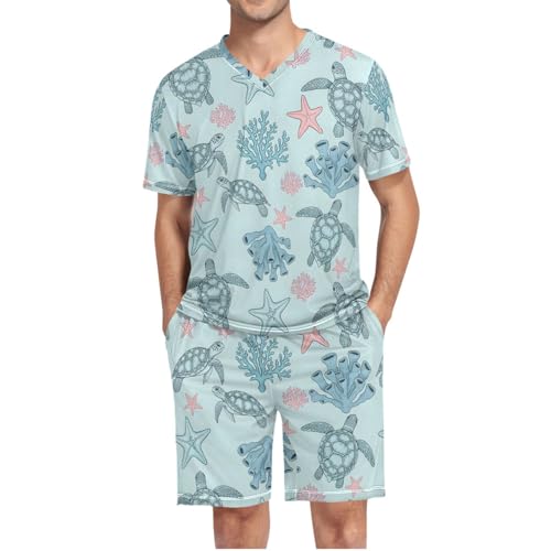 Mens Short Sleeve Pajama Set Ocean Life with Sea Creatures 2-piece Lounge Sleep Sets Men's Sleepwear S-XXL