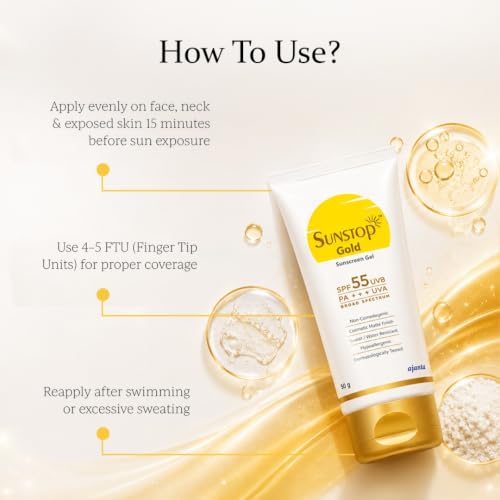 Image of Sunstop Gold Sunscreen Gel SPF 55 PA+++ | Broad Spectrum | Waterproof | Matte-finish Sunscreen | Gel-Based | Dermatologically Tested | Non-comedogenic | Hypoallergenic | Safe for Sensitive Skin | 50g