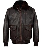 Navy G-1 Real Leather Bomber Jacket Men with Removable Fur Collar Vintage Flight Aviator Leather Jacket Men (US, Alpha, Large, Regular, Regular, Brown Fur Collar)