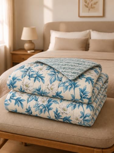 Image of Signature Reversible AC Comforter Set 350 GSM,Soft Microfibre King Size Quilt Blanket for Winter (Blue Magnolia, Double Bed)