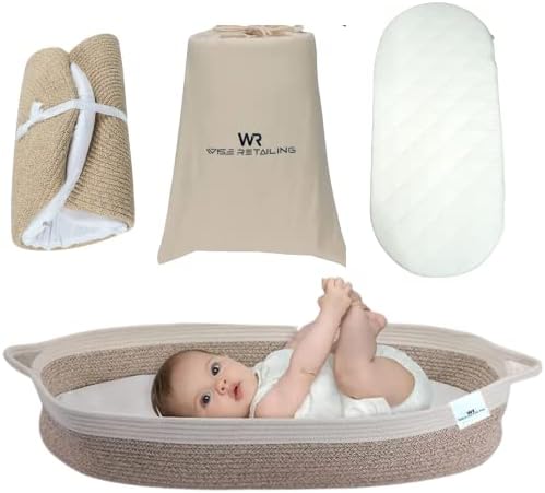 Baby Changing Basket (for 0 to 12 Month) - 100% Cotton Rope Changing Table Topper Moses Basket, Thick Foam Pad with Removable Cotton Cover - Storage Bag and Plush Blanket- Changing Basket for Babies