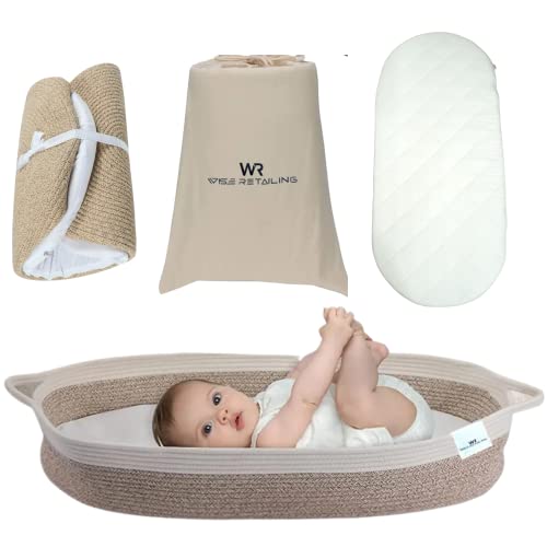 Baby Changing Basket (For 0 To 12 Month) - 100% Cotton Rope Changing Table Topper Moses Basket, Thick Foam Pad With Removable Cotton Cover - Storage Bag And Plush Blanket- Changing Basket For Babies #TOP2