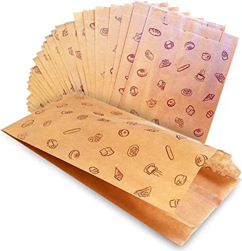 100 Bolsas papel kraft marrones. Sin asa y con dibujo impreso de panes bocadillo bolleria pan sandwich galletas fruta alimentos frutos secos merienda almuerzo (20x12cm 100uds)