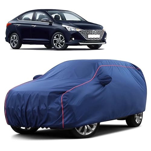 Image of Sulfar 100% Water Resistant Car Body Cover Compatible with Mirror for Hyundai Verna (Triple Stitched, Full Bottom Elastic, Blue Taffeta with Red Piping)