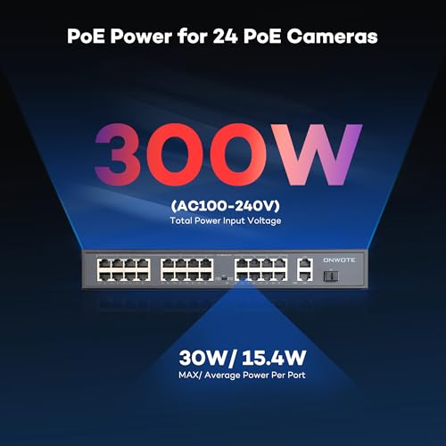 Image of ONWOTE 24 Ports Ethernet PoE Switch @300W, 24x 10 /100M PoE Ports