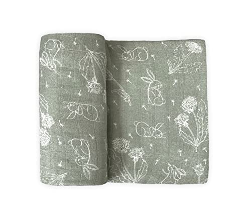 Image of Leyl&Ari Muslin Swaddle Blanket | 70% Viscose from Bamboo 30% Organic Cotton | Bunny Baby Blanket for Boys and Girls (Sage/Bunny & Dandelion)