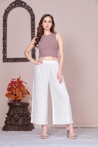 Image of VIVIKA Chikankari Palazzo Pants for Women |Rayon Wide Leg Ethnic Palazo with Embroidery | Comfortable Elastic Waist Women's Palazzo for Casual, Festive & Office Wear
