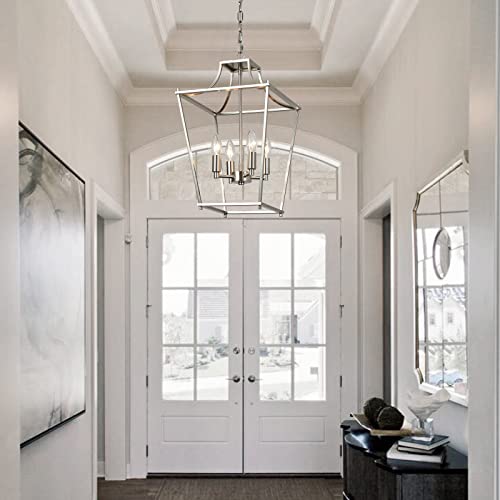 4-Light Lantern Pendant Light, Brushed Nickel Hanging Light Fixtures Chandelier With E12 Bulb Base, 12" Adjustable Farmhouse Chandelier Lighting Fixture For Dining Room Kitchen Foyer #TOP6