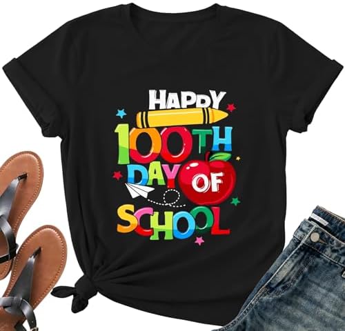 Happy 100 Days of School Teacher Shirt-Women 100th Day Teacher Life Short Sleeve Cute School Days Tee Top