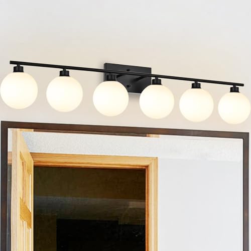 Image of Yaohong 6-Light Matte Black Bathroom Vanity Light Fixtures Over Mirror Mid Century Modern Light Fixture with Milk White Glass Globe Wall Sconce (Included Bulb)