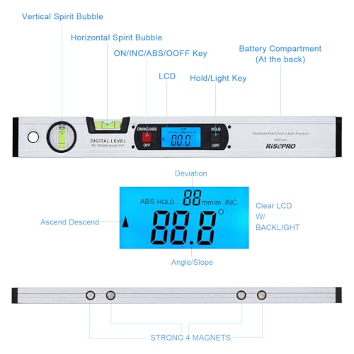 Neigungsmesser, RISEPRO Digitale Neigungsmesser Winkel Finder Gauge Spirit Level aufrecht Magnet 360 ° Range 416 mm lang mit Hintergrundbeleuchtung 82112 S