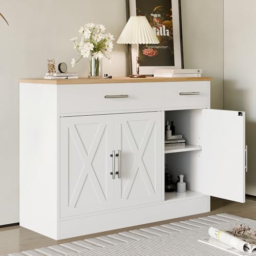 SUNLEI Sideboard Buffet Cabinet with Storage, Kitchen Storage Cabinet with 3 Doors and 2 Drawers, Farmhouse Coffee Bar with Adjustable Shelf for Living Room, White&Yellow