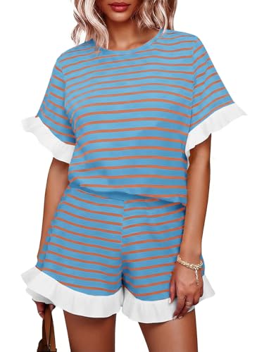 Image of Tankaneo Womens 2 Piece Striped Shorts Set Ruffle Short Sleeve Tops Hight Waist Shorts Matching Sets Summer Vacation Outfits