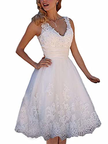 Damen Knielang A-Linie Brautkleid Spitzen Schlicht Hochzeit Kleid...